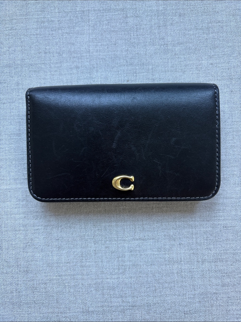Coach Black Leather Essential Slim Card Holder with Gold 'C' Accent